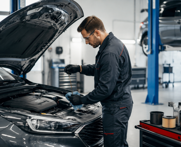 Mehāniķis pārbauda motoreļļas līmeni un veic automašīnas tehnisko apkopi Ant Motors autoservisā Rīgā