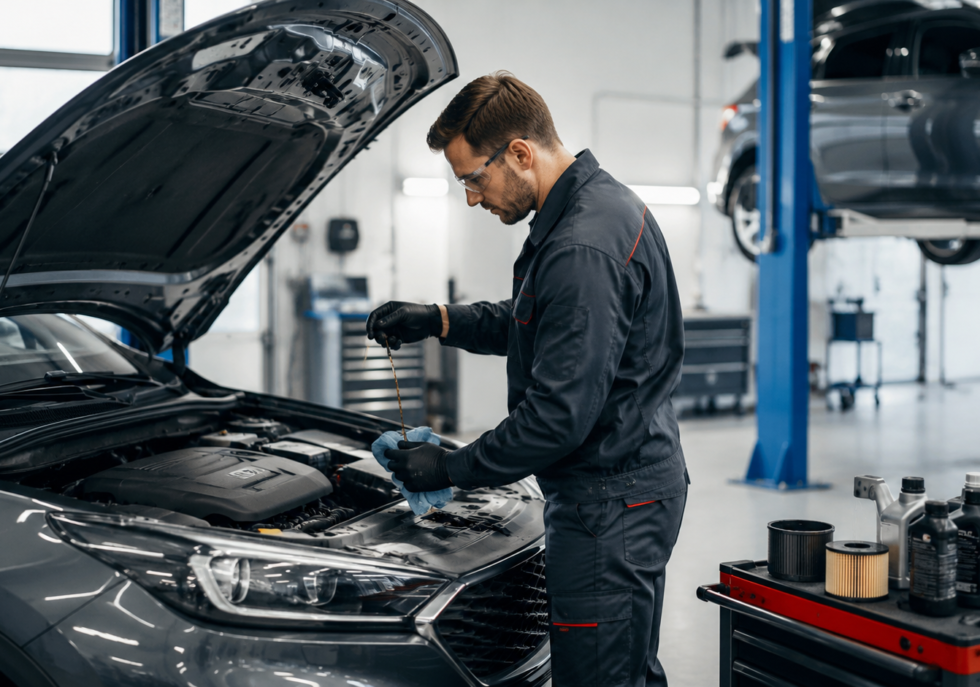 Mehāniķis pārbauda motoreļļas līmeni un veic automašīnas tehnisko apkopi Ant Motors autoservisā Rīgā