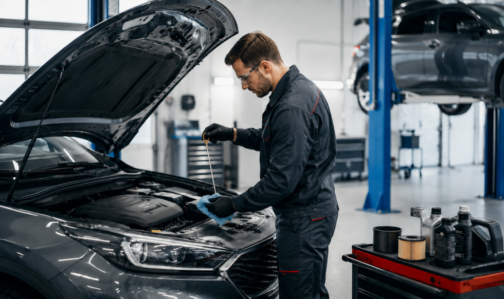 Mehāniķis pārbauda motoreļļas līmeni un veic automašīnas tehnisko apkopi Ant Motors autoservisā Rīgā